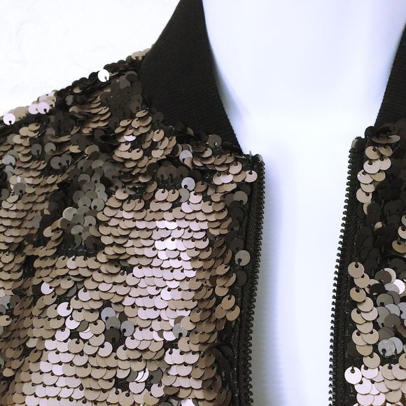 NWT 1-State Glam Rock Metallic Flip Sequin Bomber Jacket -XS Ringer Bronze Black - Picture 5 of 11
